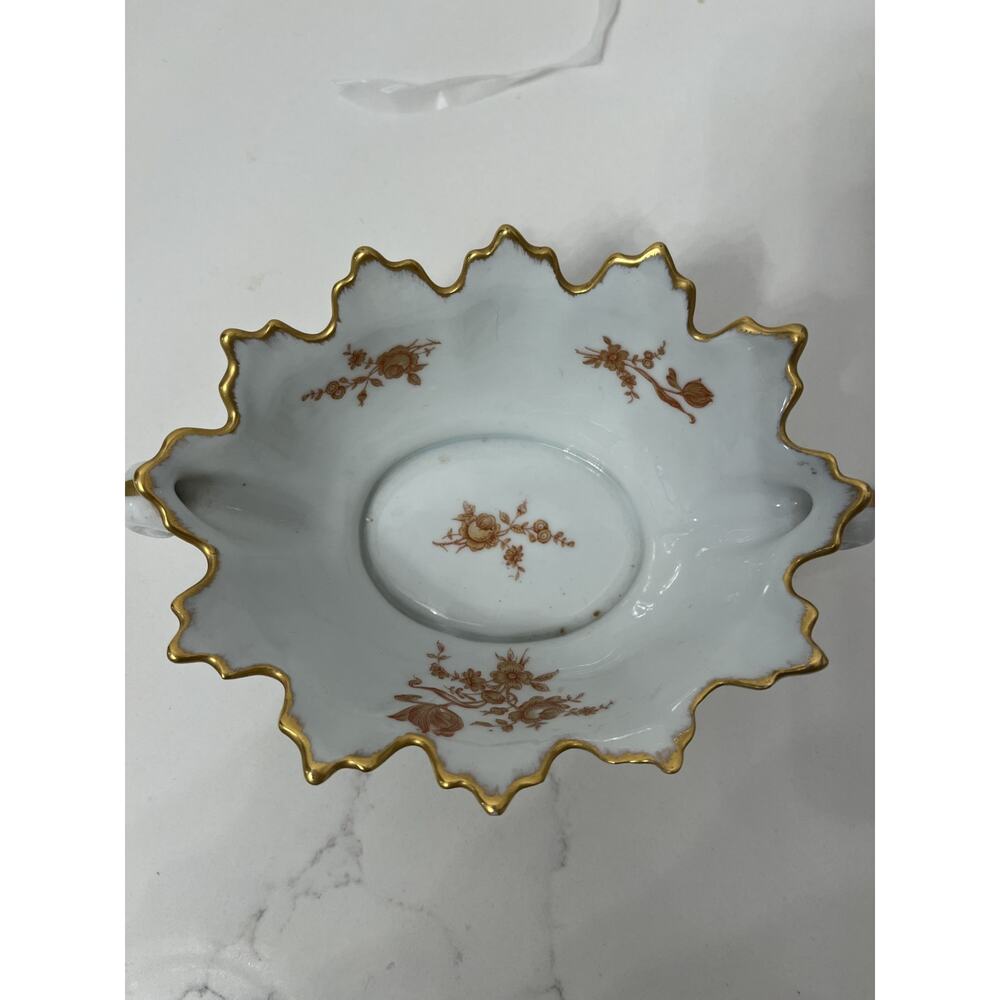 Limoges France Ruffled Candy Serve Porcelain Dish Gold Trim Handles Floral Vtg